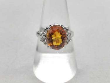 Platinum Fancy Oval Cut Citrine & Diamond Ring, 7.75