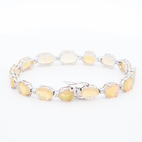 18KWG Oval-Faceted Opal & Diamond Line Bracelet 7.5"