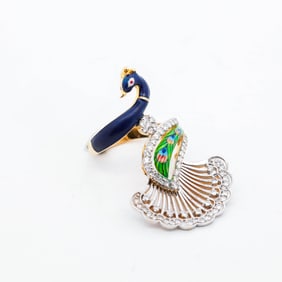 18KY/WG Estate 0.74ctw Diamond Multicolor Enamel Peacock Ring, 6.5