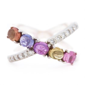 18KWG 2.11ctw Cabochon Multicolor Sapphire & Diamond Crossover Ring, Size 7