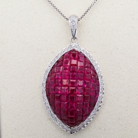 18K WG All Natural 8.75ctw Invisible Set Ruby 0.70ctw Diamond Pendant Necklace 18"