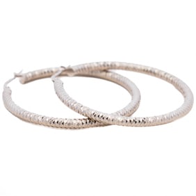 14K White Gold Italian Textured Hoops 1.5"