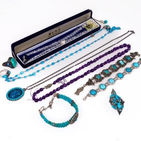 Group of Turquoise/Quartz/Amethyst Jewelry with 925 Silver Hardware