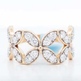 14KYG 3-Motif Four-Leaf Flower Design 1.50ctw Diamond Pave Ring, 7