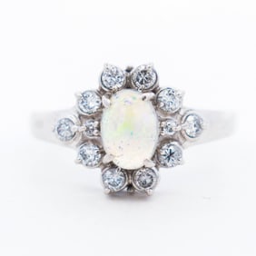 Pt900 .53ct Opal & .39ctw Natural Diamond Snowflake Halo Ring, sz 6.25