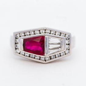 Retail $24,840 1.53ct Ruby & .69ctw Diamond Ring in Platinum, Size 6.25