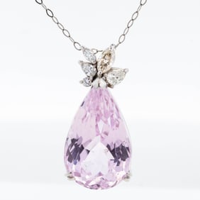 PT900 18.82 ct Pear Kunzite & 0.45ctw Diamond Pendant Necklace 18"