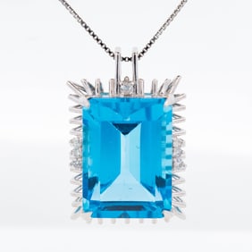 18KWG/Pt850 Emerald-Cut Blue Topaz & Diamond “Sunburst?? Pendant Necklace 17"