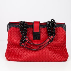 BOTTEGA VENETA Capri Intrecciato Red × Black Lambskin Handbag