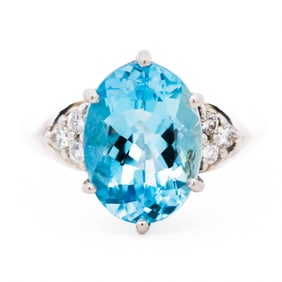Platinum 4.34ct Aquamarine & .18ctw Diamond Cocktail Ring, Size 7.5
