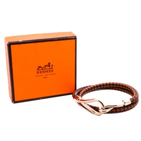 Hermes Jumbo Braided Leather Bracelet with Silver Hook Clasp