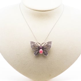 18KWG 1.44ct Pink Conch Pearl & 1.55ctw Diamond Butterfly Brooch/Pendant with 18" Chain