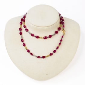 Ruby & Two Tone 18K Gold Bead Necklace
