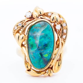 18KYG Boulder Opal & Diamond Cocktail Ring - Size 6
