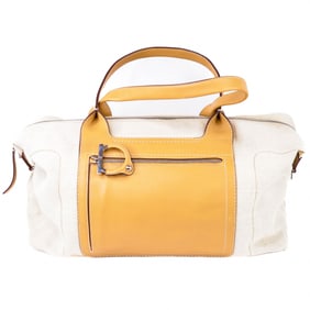 Salvatore Ferragamo Gancini Canvas and Leather Handbag – Beige with Tan Leather Trim