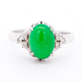 Jelly Bean Green Jadeite & Diamond Ring in Platinum - Size 8