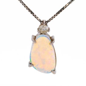 Vibrant Cabochon Opal & Diamond Pendant Necklace in Platinum 16"