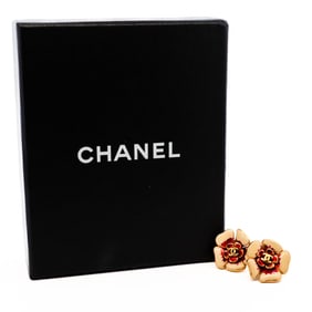 Rare 2003 Chanel Runway Gold Cameilla Flower Enamel Earrings with Box