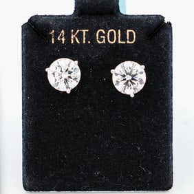 14KWG 4.00ctw Round Brilliant Diamond Solitaire Studs Lab 3 Prong