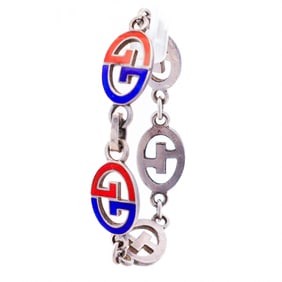 Gucci Mens Sterling Silver Enamel GG Link Bracelet – Red and Blue