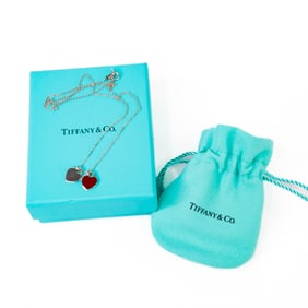 Tiffany & Co. Return to Tiffany Mini Double Heart Tag Necklace Sterling Silver 925 Carnelian Enamel