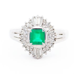 Emerald and Diamond Ring – Platinum (PT900), Size 5