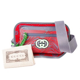 Gucci Interlocking G Rubber and Mesh Red/Gray Waist Bag 752102 Unused