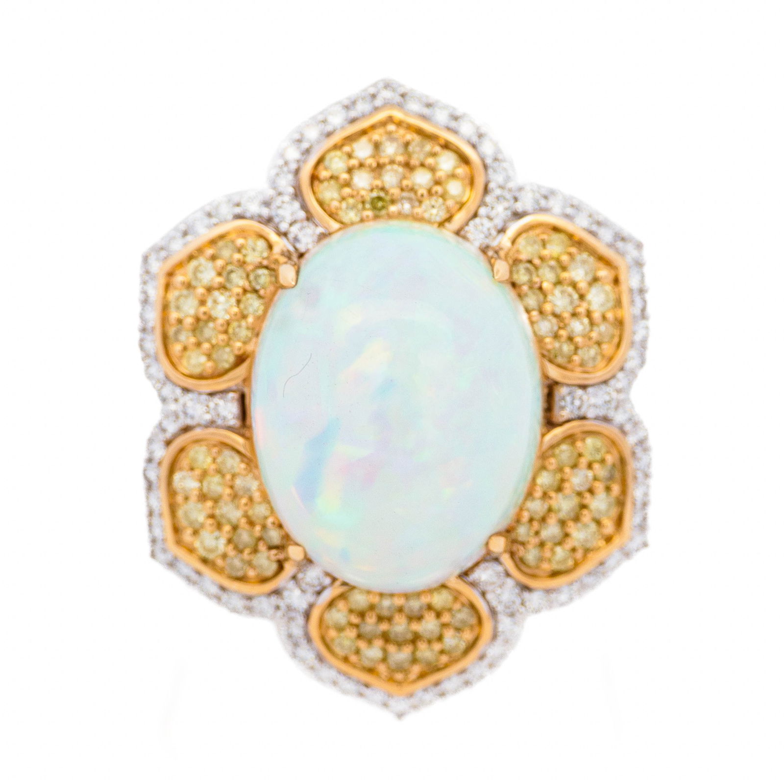 18KWG 10.19ct Orion Opal w/Natural 1.31ctw Yellow & White Diamond Ring, size 7: 18K white gold ring having an incredible 10.19ct Orion Opal center stone accented by 1.31cts of natural white and yellow diamonds. These opals are so crazy in real life, photos don't do them justice.