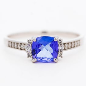 Cushion Cut Tanzanite & Diamond Cocktail Ring in Platinum, Size 8