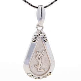 Yves Saint Laurent Silver Tone Pendant Necklace with Crystal Accents