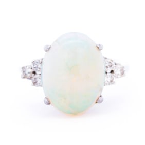 Opal and Diamond Dress Ring - 14K White Gold - Size 6.5