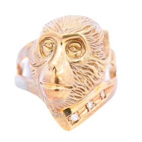 18K Gold Figural Monkey Ring with Diamond Accents, Size 5.5
