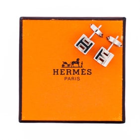 Hermes H Cube Earrings Black Enamel Palladium Plated with Box