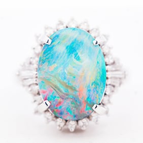 Platinum 6.92ct Boulder Opal & 0.62ctw Natural Diamond Ring sz 8