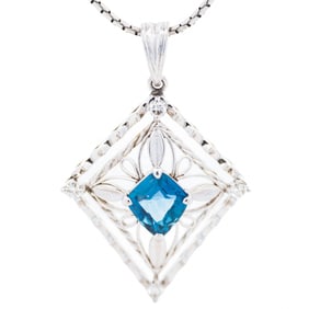Platinum 1.73ct Ceylon Sapphire & Diamond Necklace – Filigree Diamond-Shaped Pendant, 16.5 in,