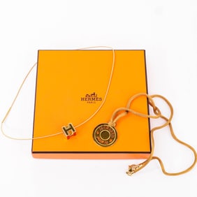 Hermes Cadena d’Ancre Pendant & Clic H Necklace Set – Gold with Red Enamel, Box & Dust Bag