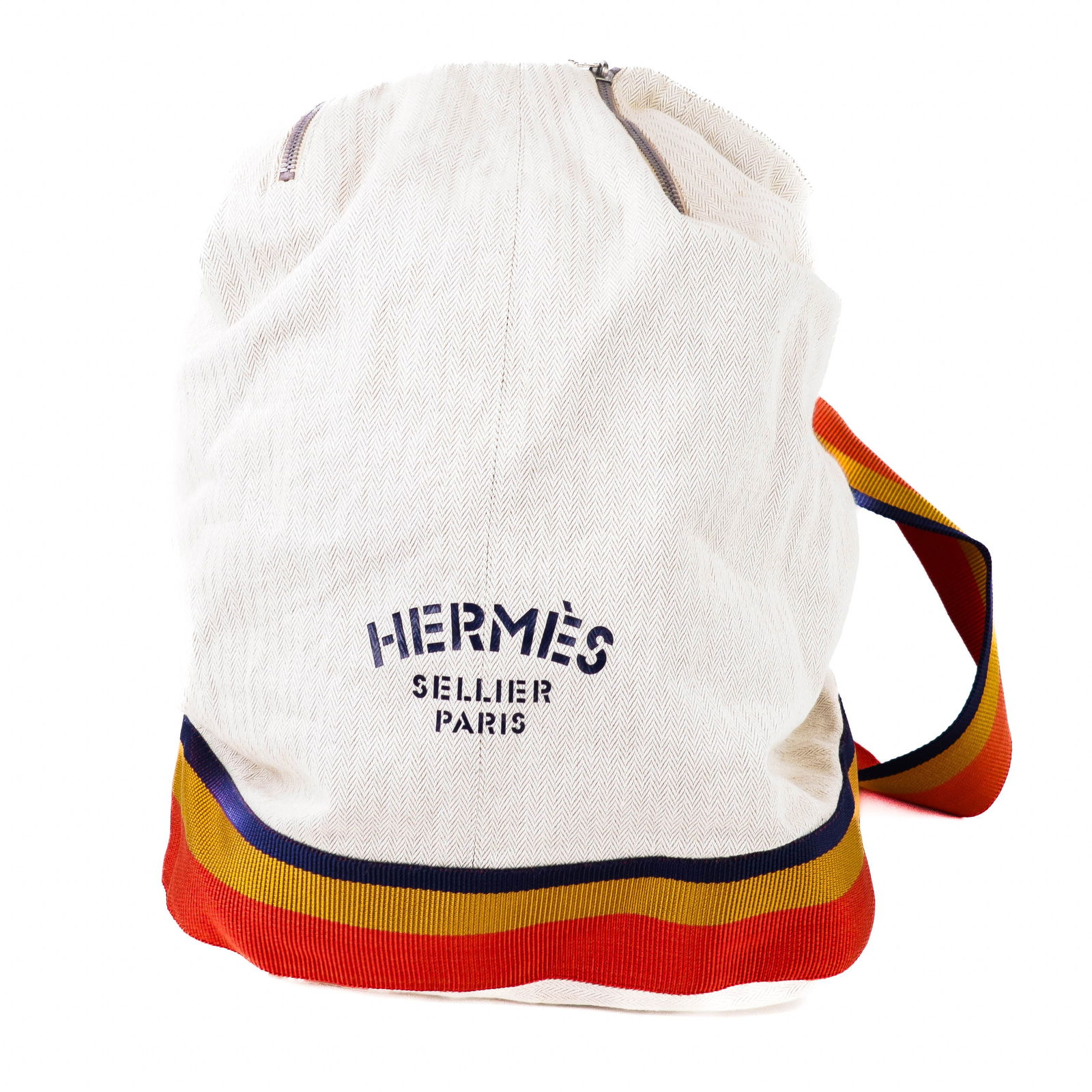 Hermes Cavalier Toile Chevron Canvas Ivory with Multicolor Trim – Shoulder Tote: Authentic Hermes Cavalier Toile Tote Crafted from durable Toile Chevron canvas in ivory with bold red, yellow, and navy trim. Embroidered Hermès Sellier Paris logo at the front. Wide canvas
