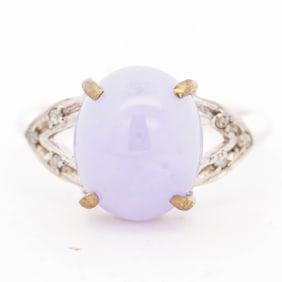 10K White Gold Lavender Jade & Diamond Ring, Size 5