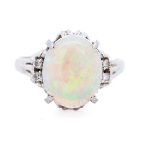 Vintage Platinum 2.41ct Opal & Diamond Ring, Size 6.75