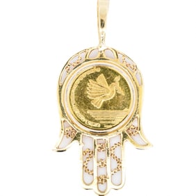 Gold Hamsa Hand Pendant with 18k Gold Coin Medallion