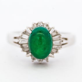 Platinum 1.93ct Cabochon Emerald & Natural Diamond Ring, Size 5.25