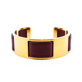 Hermes Leather Inlay Gold Tone Cuff Bracelet – Burgundy