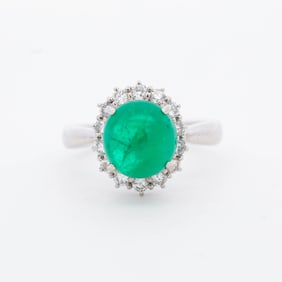 PT900 2.44ct Cabochon Emerald & 0.57ctw Diamond Halo Ring, 6.5