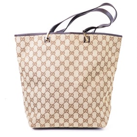 Gucci GG Canvas 002.1098 Tote Bag Beige Brown Leather Trim Office Chic