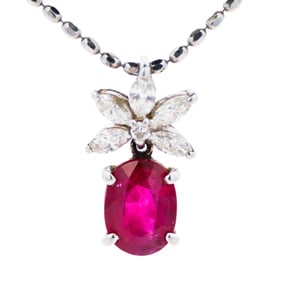 Platinum 1.33ct Ruby &.36ctw Diamond Floral Cluster Necklace 16.5"