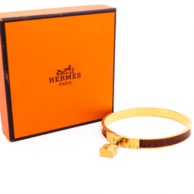Hermes Kelly Bracelet Gold with Brown Leather Inlay and Lock Charm w Box