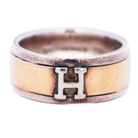 18K Hermes H Logo Combination Ring 750 and 925 Gold and Silver Size 53