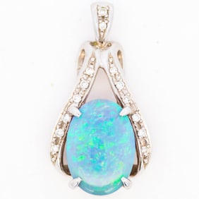Estate Platinum 900 Natural Black Opal & Diamond Pendant with Cosmo Gem Report