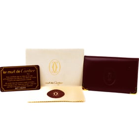 Cartier Leather Business Card Case – Burgundy with Gold Accents