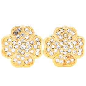 CHANEL Clover Rhinestone Earrings Gilt Vintage